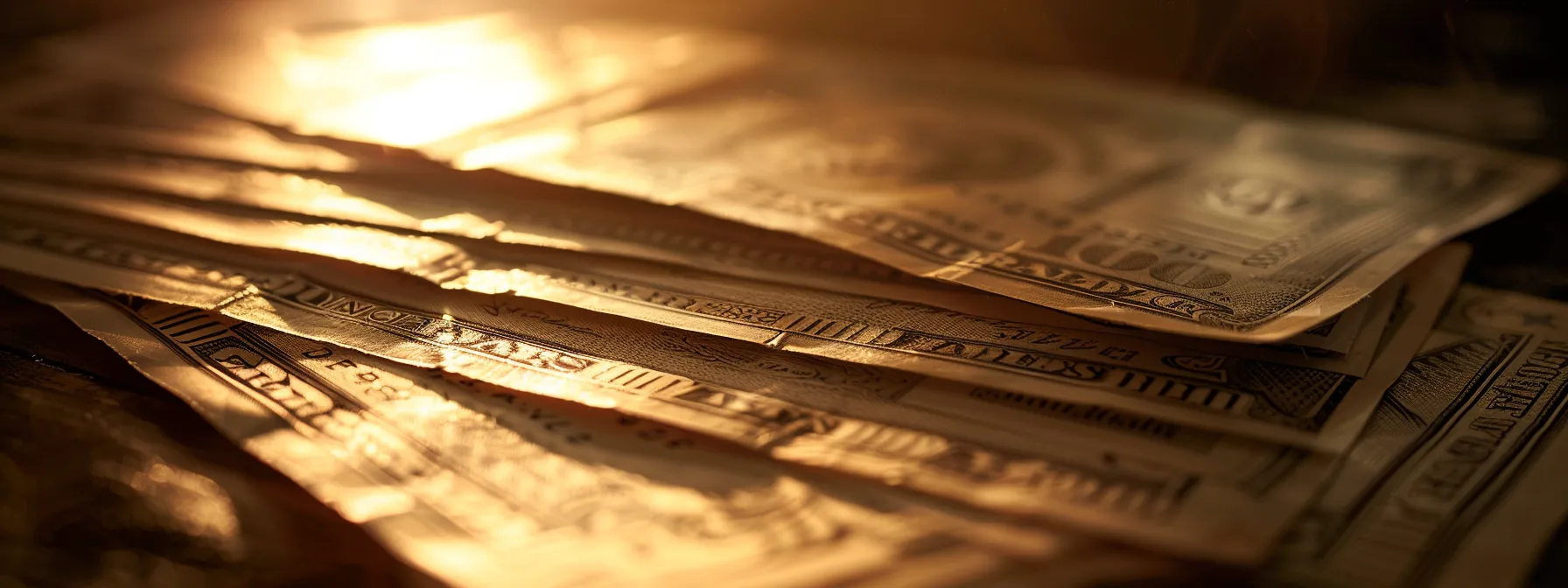 a close-up of elegantly crafted business and personal cheques layered on a polished wooden surface, illuminated by soft, diffused light that enhances their intricate designs and textures.