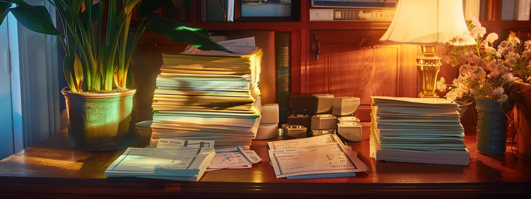 a close-up view captures an elegant arrangement of vibrant, business and personal cheques stacked artfully on a rich mahogany desk, illuminated by soft, warm lighting that enhances their textured designs and meticulous details.