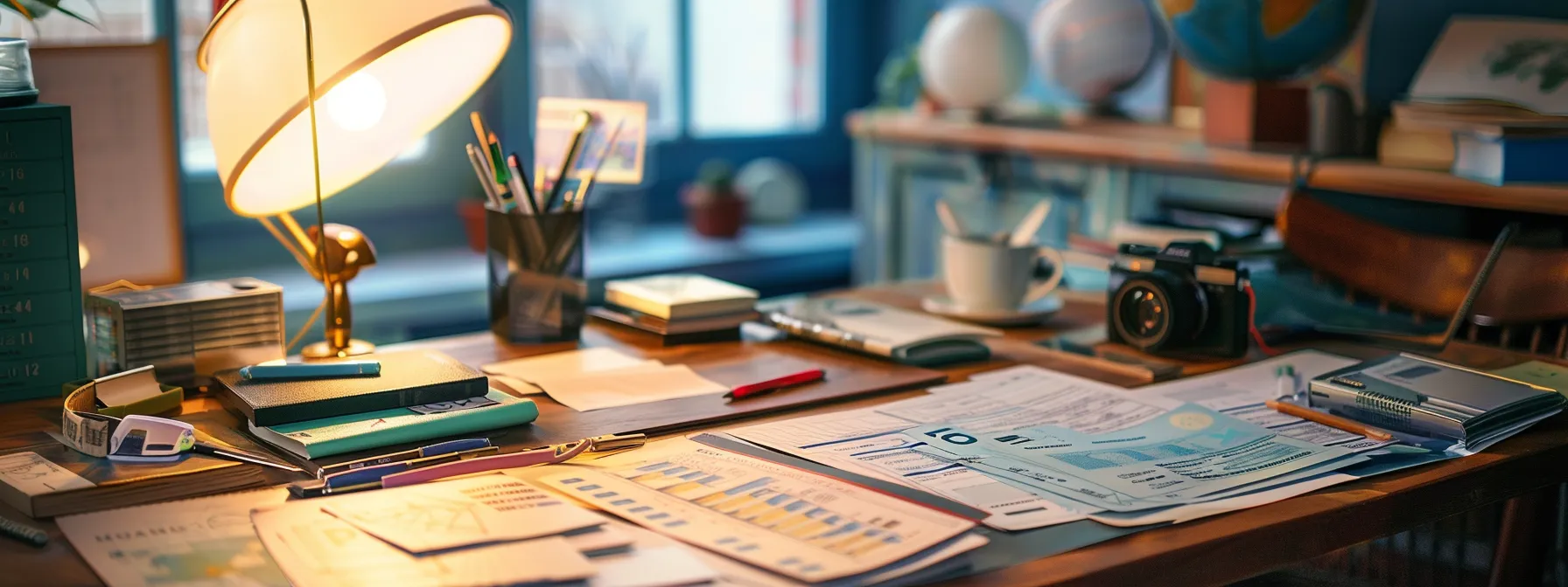 a close-up of a well-organized desk featuring an array of colorful business and personal cheques, showcasing their unique designs and textures under soft, diffused natural light.
