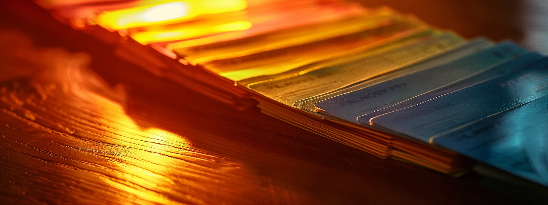 a close-up view of a neatly stacked array of colorful payroll cheques on a polished wooden desk, illuminated by soft, warm lighting, emphasizing their importance in business operations and financial management.