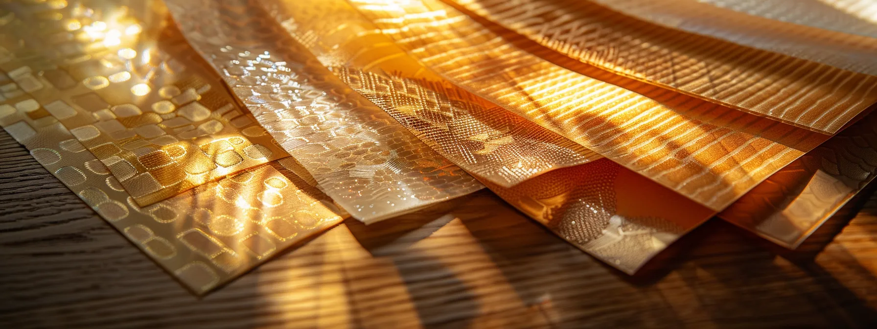 a collection of elegantly designed cheques, each showcasing unique textures and patterns, is beautifully arranged on a polished wooden surface illuminated by soft, warm light, conveying a sense of professionalism and trust.