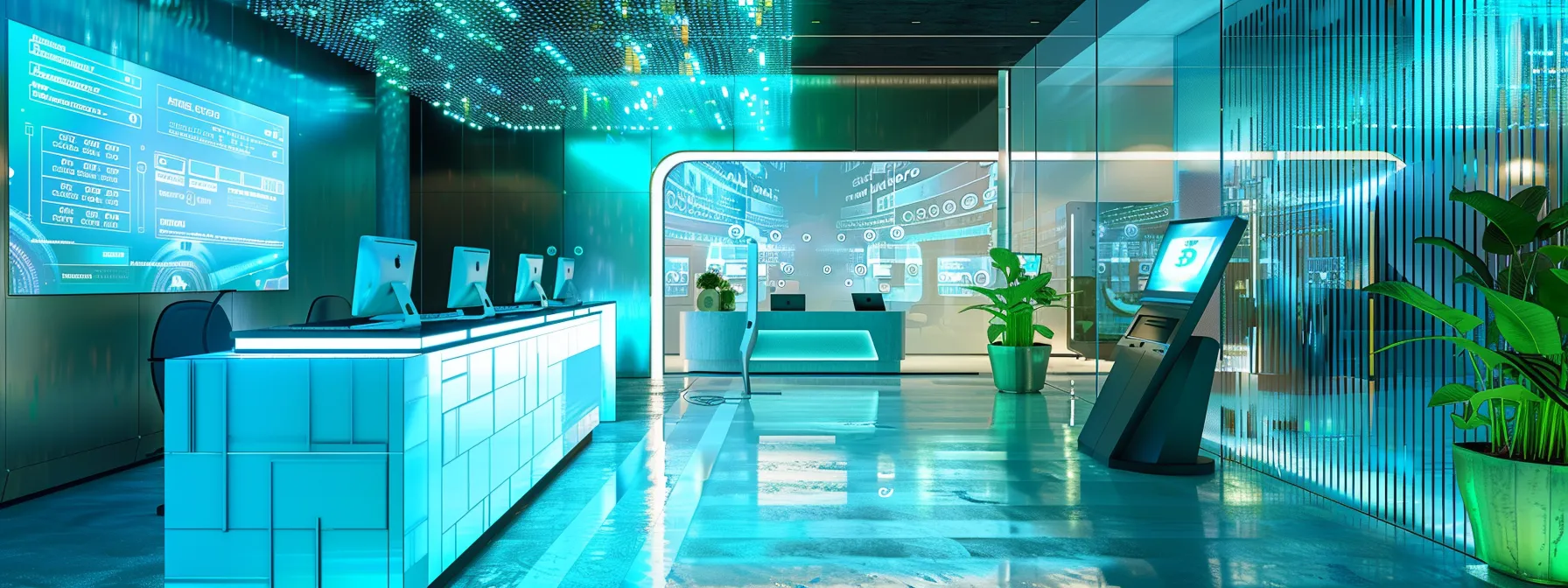 a futuristic workspace showcases a sleek digital interface highlighting advanced cheque security features, with dynamic visual representations of machine learning algorithms and blockchain technology seamlessly integrated into the transaction process, illuminated by soft blue and green lighting.