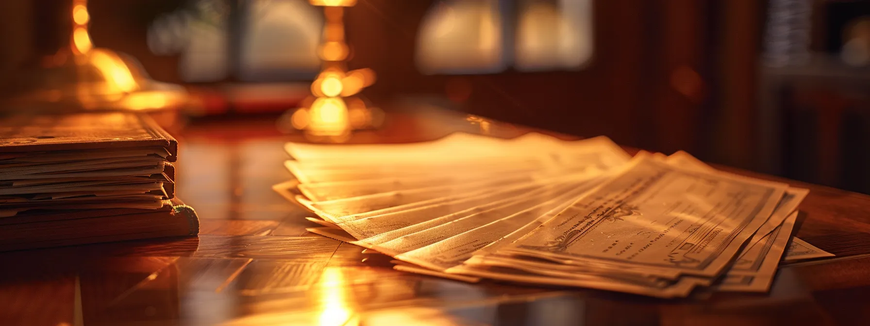 a lavishly arranged composition featuring elegant business and personal cheques artfully fanned out on a polished wooden desk, illuminated by warm, ambient lighting that highlights their intricate designs and textures.