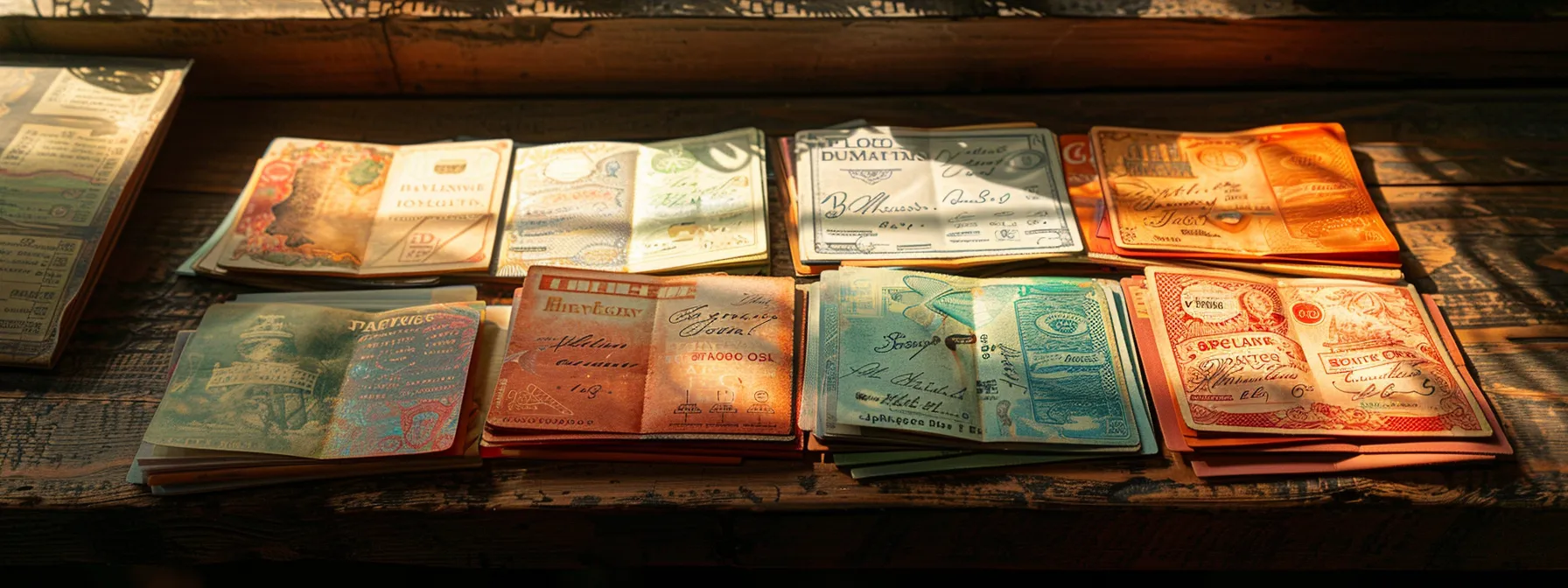 a meticulously arranged collection of vibrant, business and personal cheques, featuring intricate designs and textures, set against a softly illuminated wooden desk for a professional yet inviting atmosphere.