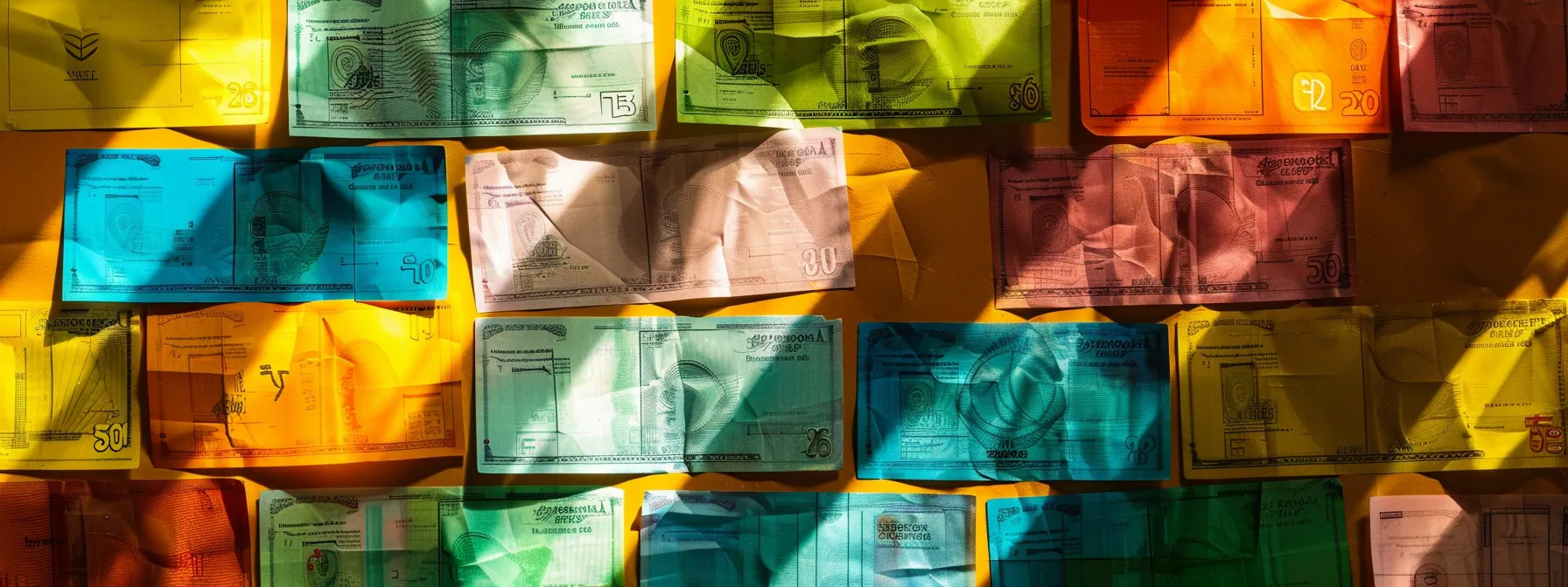 a meticulously arranged flat lay showcases an array of colorful personal and business cheques, each featuring distinct patterns and textures, illuminated by soft natural light to highlight their vibrant details.