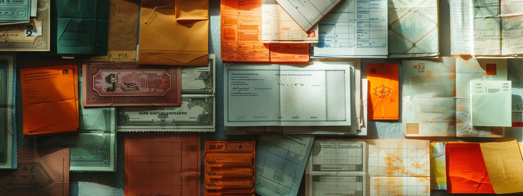a meticulously arranged flat lay of diverse cheques, showcasing a vibrant array of business and personal designs, illuminated by soft, natural light that highlights the intricate textures and colors of the papers.