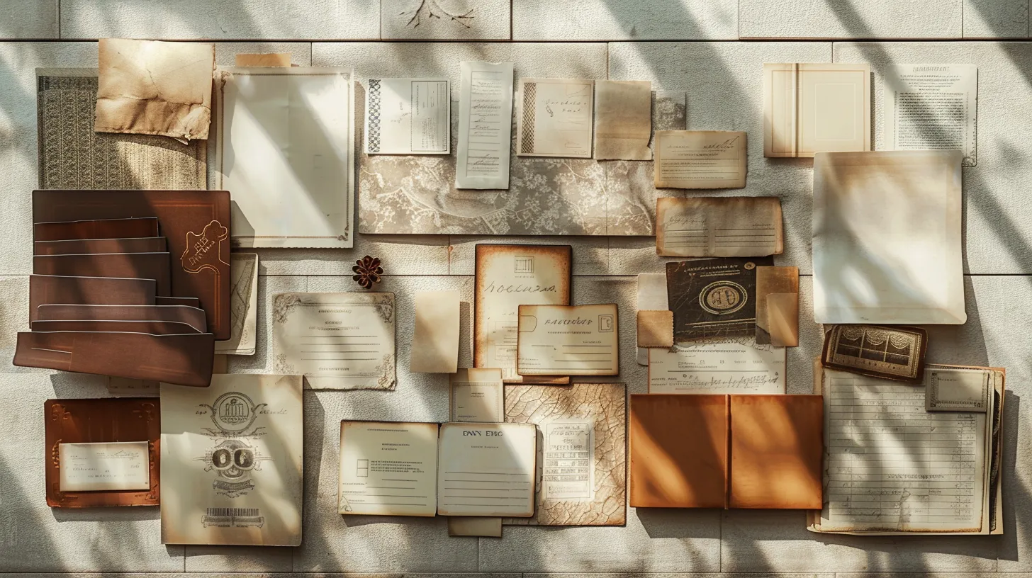 a meticulously arranged flat lay of various business and personal cheques, showcasing their elegant designs and distinct textures against a softly lit, neutral backdrop.