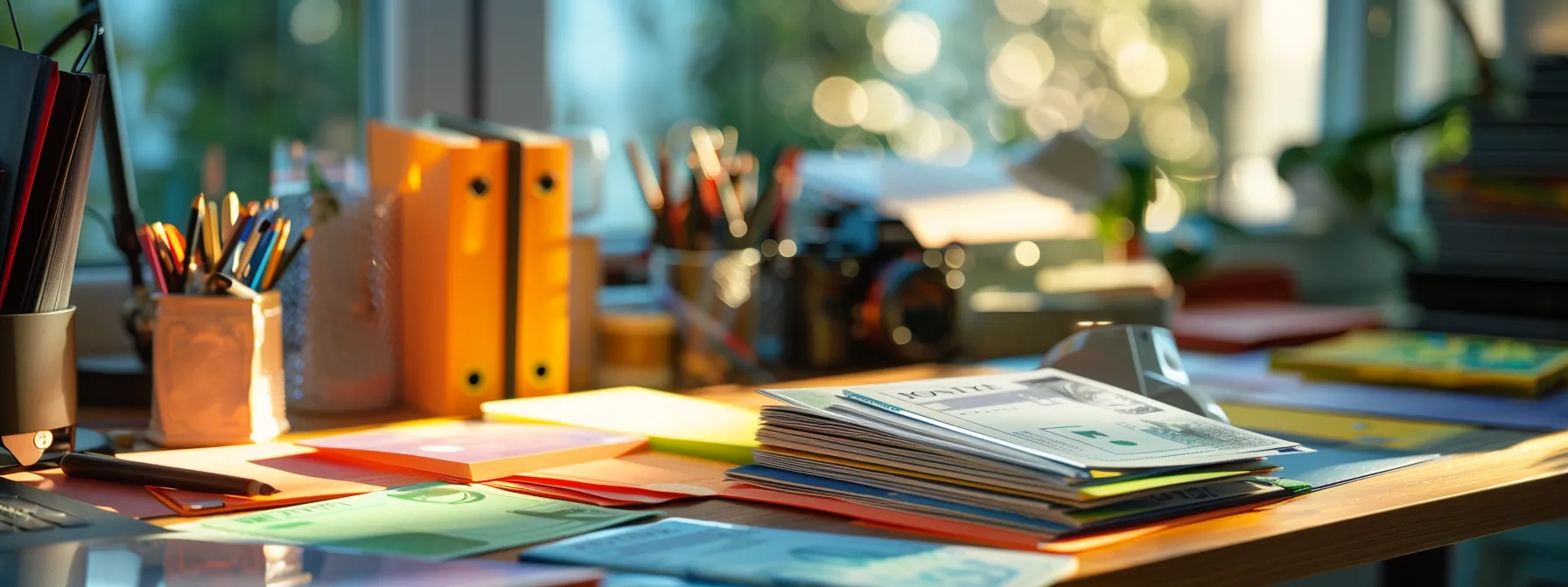 a neatly arranged desk showcasing an array of colorful personal cheques, exuding a sense of organization and efficiency, set against soft, natural lighting that enhances the inviting atmosphere for managing finances.
