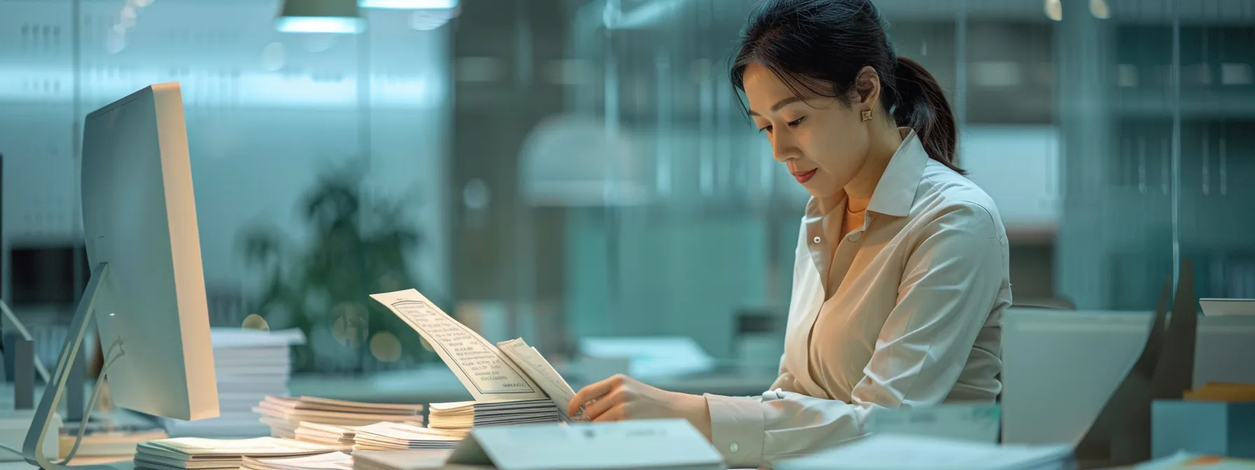 a secure office environment showcases a business professional reviewing a stack of pristine cheques under soft, focused lighting, symbolizing the importance of safeguarding against cheque fraud and maintaining financial integrity.