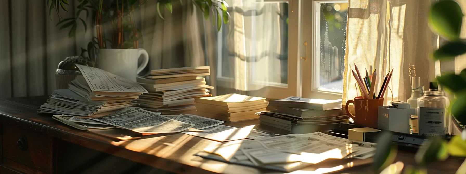 a serene desk scene showcases a pristine arrangement of business and personal cheques, illuminated by soft natural light filtering through a nearby window, emphasizing the contrast between the structured, professional design of business cheques and the warm, personalized aesthetics of manual cheques.