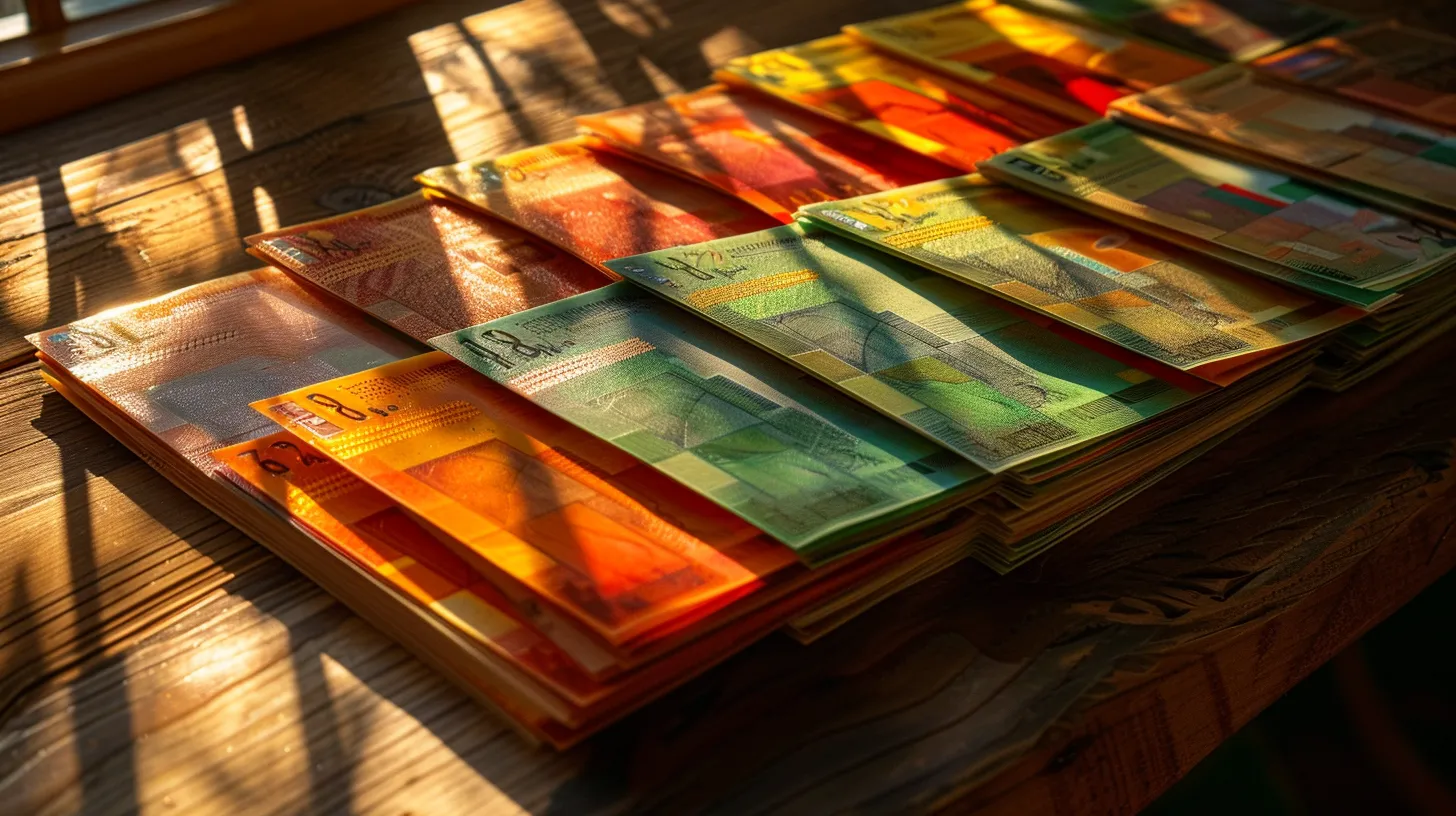 a striking arrangement of neatly stacked business and personal cheques, their vibrant colors contrasting against a smooth, polished wooden surface, illuminated by soft, natural light that enhances their intricate designs.
