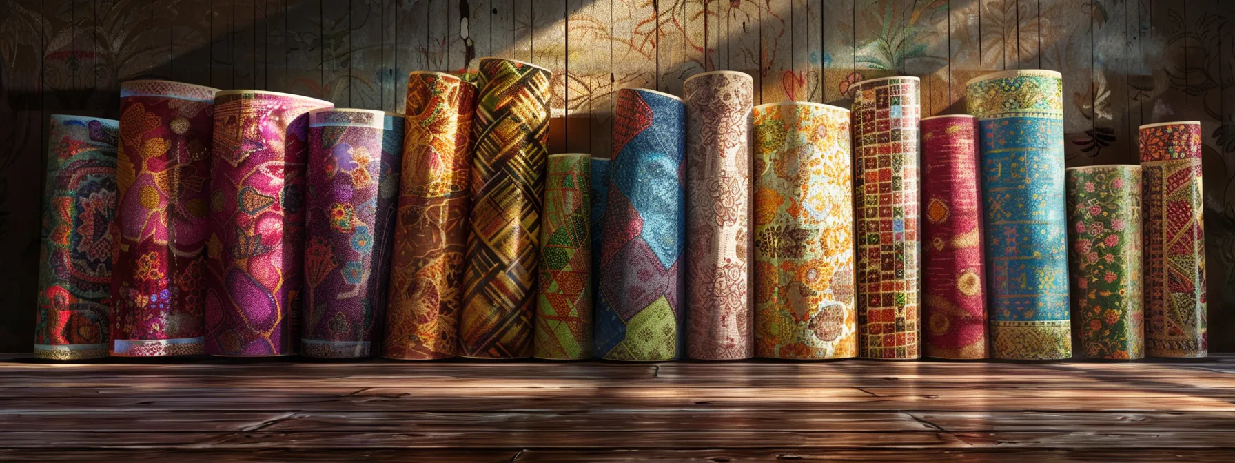 a vibrant arrangement of diverse cheque designs, featuring intricate patterns and textures, elegantly displayed on a polished wooden surface under soft, diffused lighting.