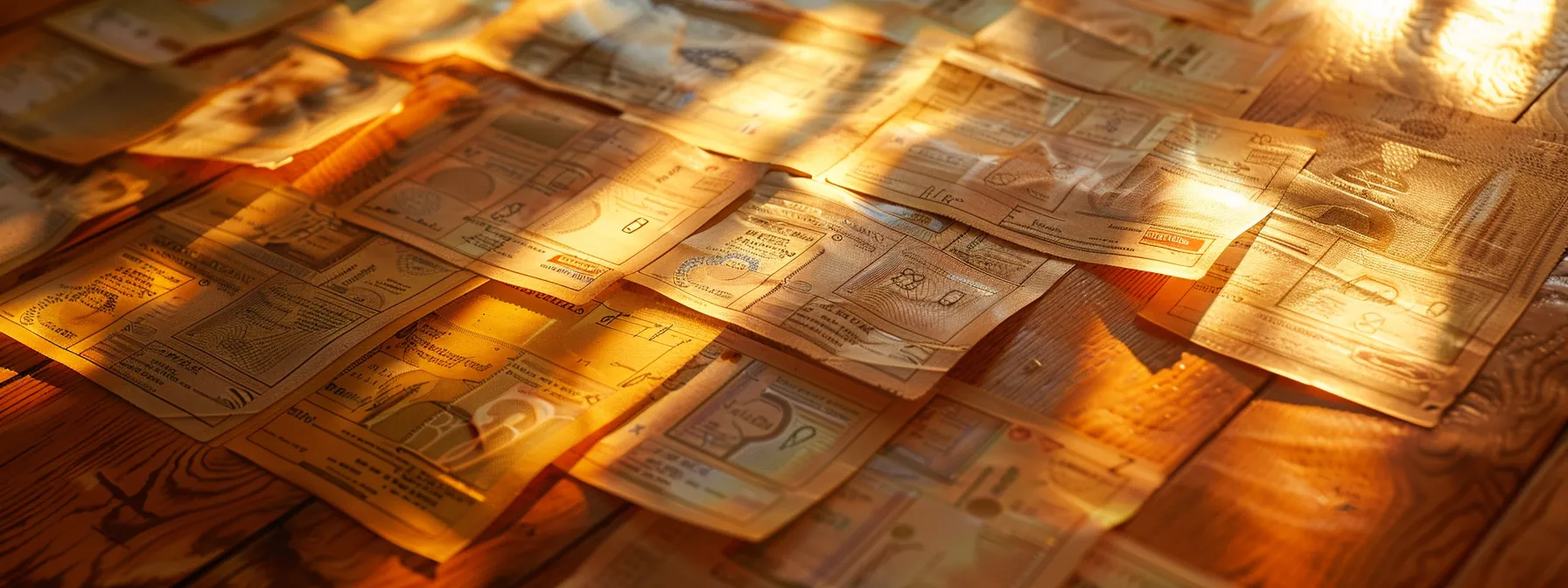 a vibrant array of elegantly designed business and personal cheques elegantly scattered on a polished wooden surface, illuminated by soft, warm lighting that enhances their intricate patterns and textures.