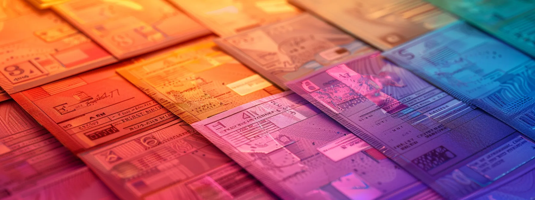 a vibrant, close-up shot of an array of colorful, meticulously arranged business and personal cheques on a sleek wooden desk, illuminated by soft, natural light to emphasize their unique designs and textures.