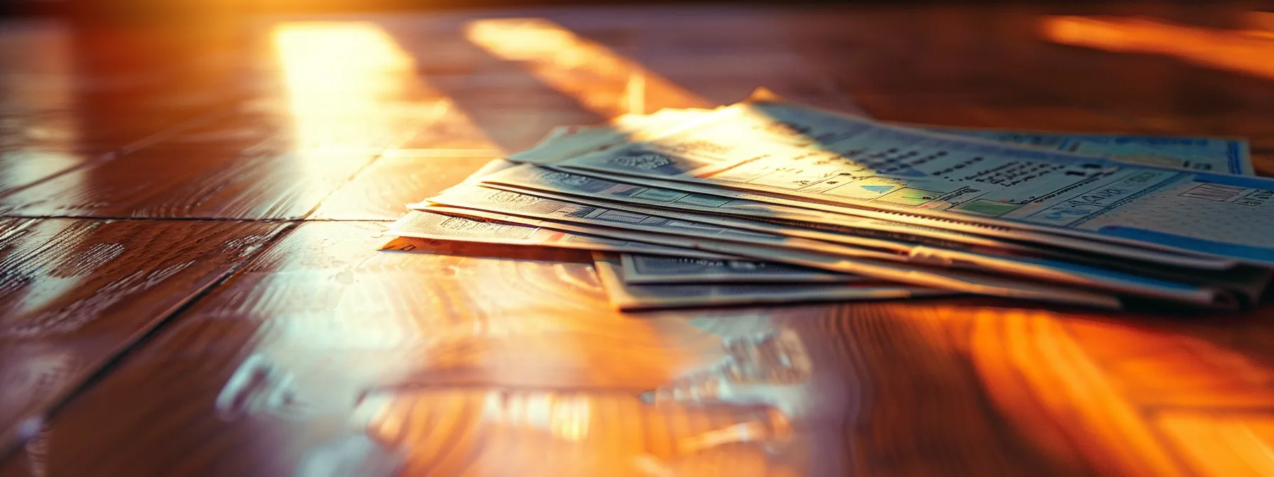 a vibrant close-up of elegantly designed cheques in various styles, showcasing the contrasting textures of business and personal cheques atop a polished wooden surface, illuminated by soft, natural light.