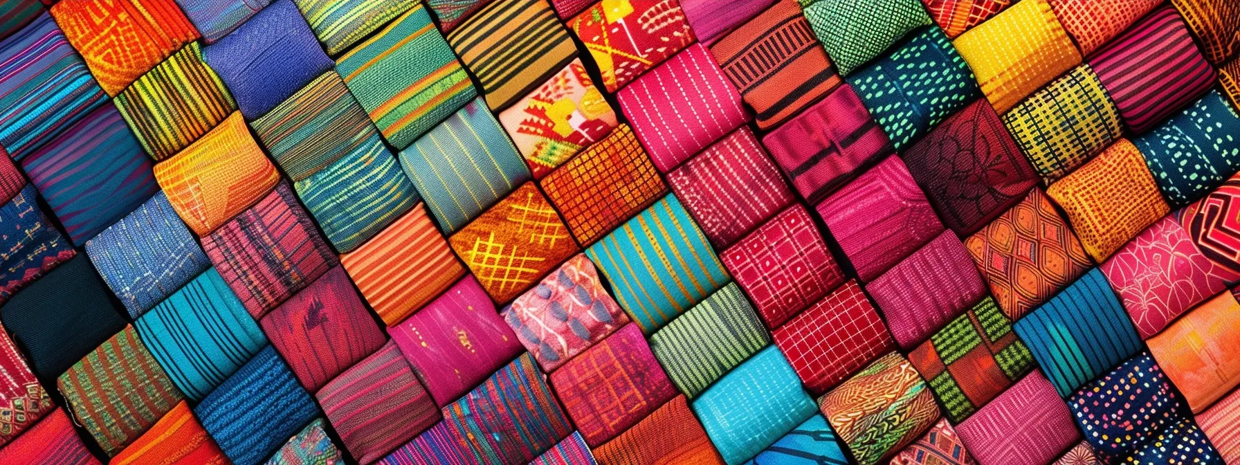 a vibrant close-up of a neatly arranged collection of colorful cheques, each showcasing intricate patterns and textures, set against a contrasting dark surface that enhances their detailed artistry.