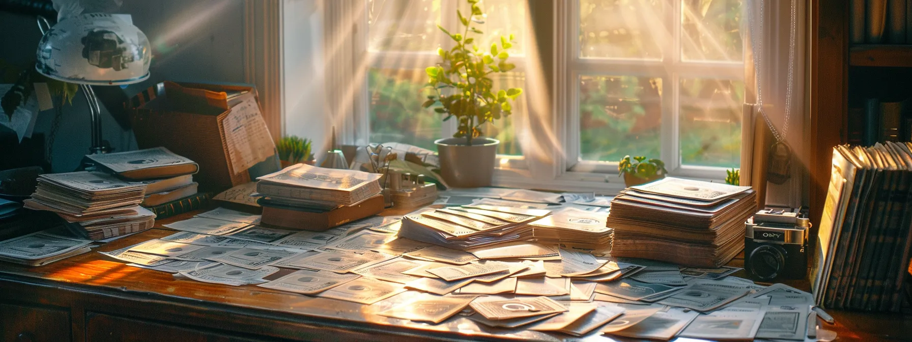 a vibrant collection of meticulously arranged cheques sprawls across a polished wooden desk, illuminated by soft, natural light streaming through a nearby window, creating a professional yet inviting atmosphere.