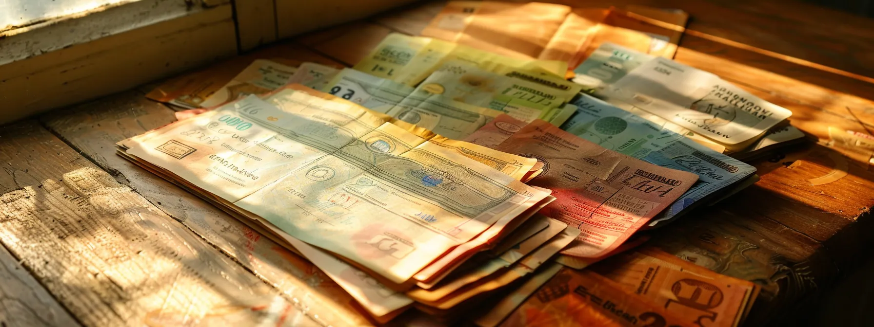a vibrant display of assorted cheques, elegantly arranged on a polished wooden surface, captures the essence of secure financial transactions and personal trust, bathed in soft, diffused natural light.