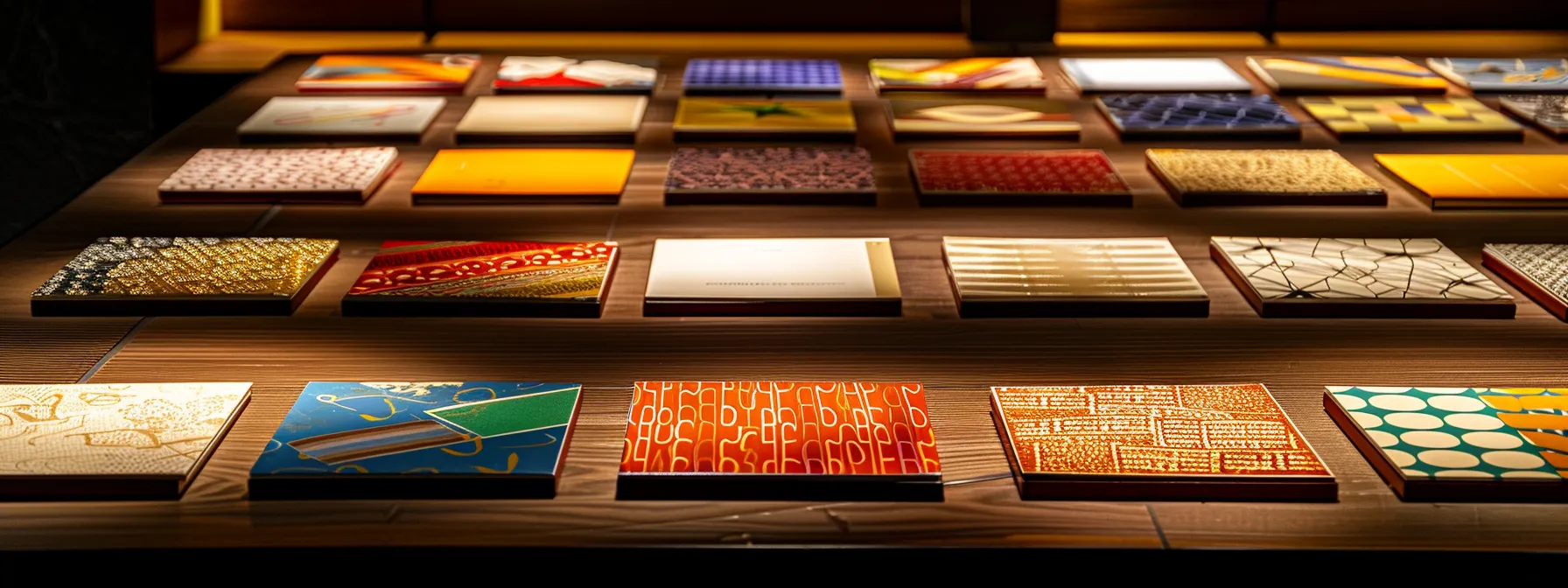 a vibrant display of elegantly designed business cheques laid out on a sleek wooden desk, each showcasing unique patterns and colors that reflect the branding of different industries, illuminated by soft, natural light creating a professional yet inviting atmosphere.