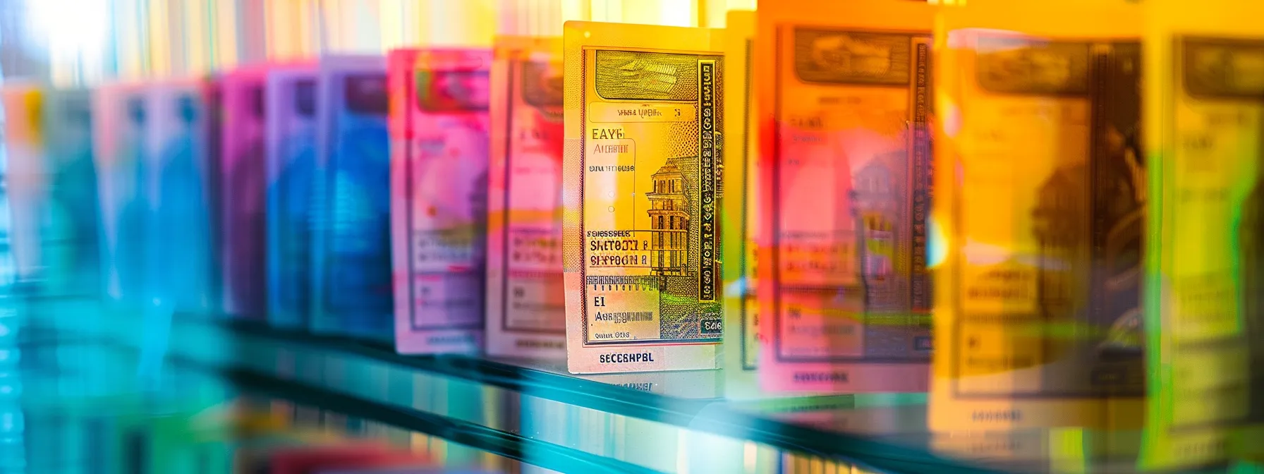 a vibrant display of meticulously arranged business and personal cheques, each featuring distinct, elegant designs and rich colors, set against a soft-focus background that highlights their intricate details and professional allure.