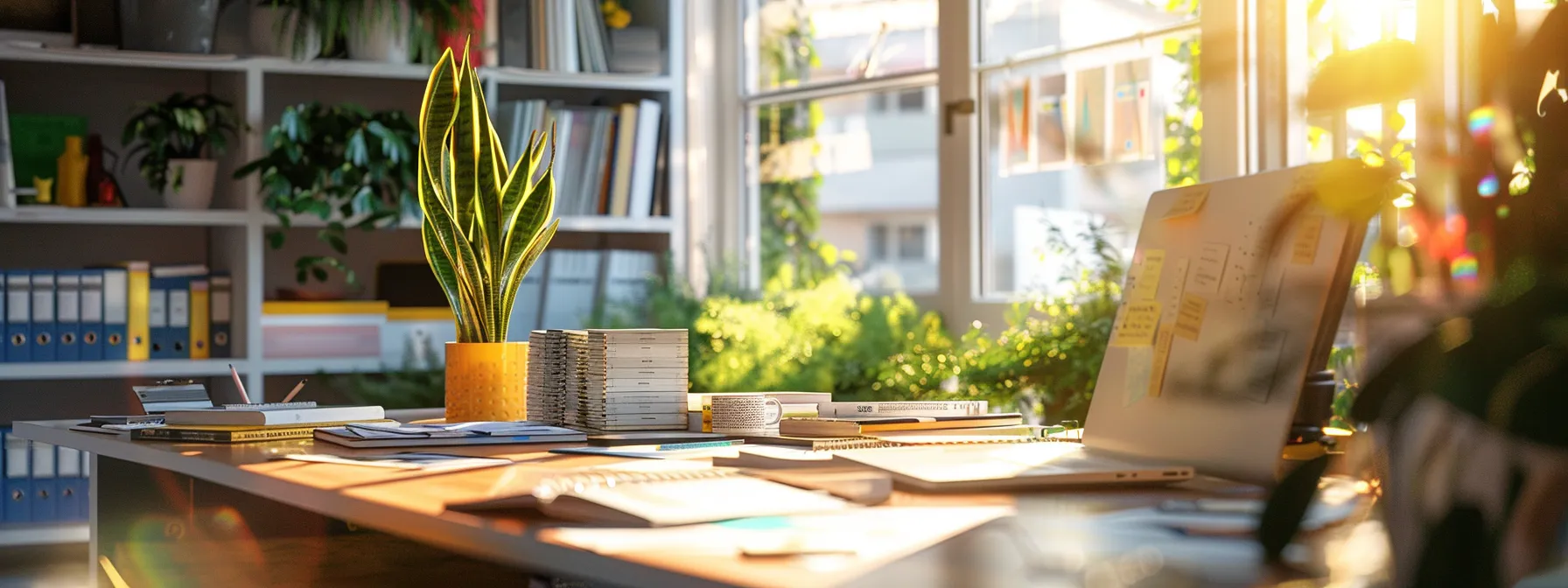 a vibrant, organized workspace showcases a stylish selection of business and personal cheques, illuminated by soft daylight filtering through large windows, conveying a sense of professionalism and financial clarity.