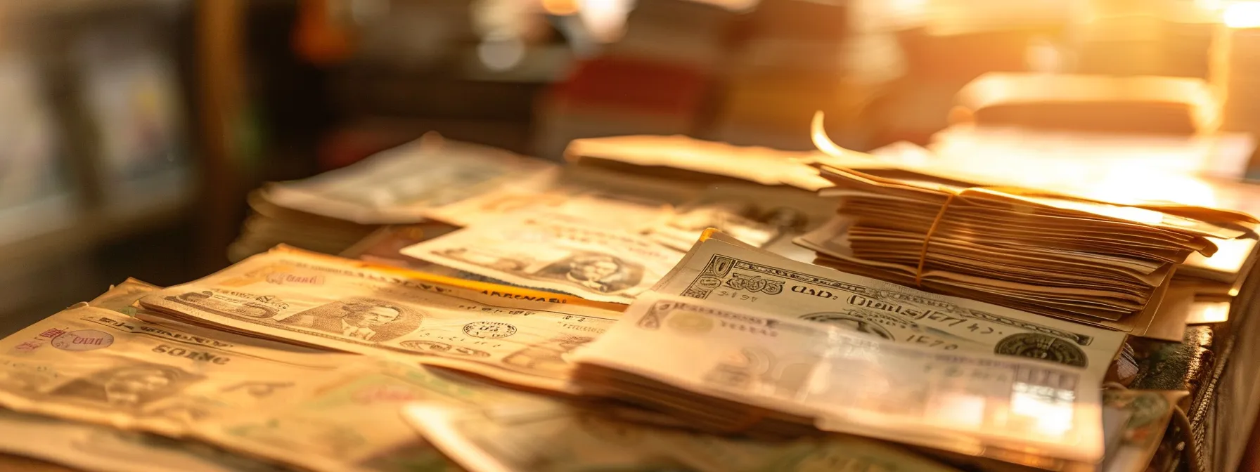 a vibrant scene showcases a neatly arranged collection of business and personal cheques, highlighting their intricate designs under soft, warm lighting, with a blurred background that emphasizes their significance in financial transactions.