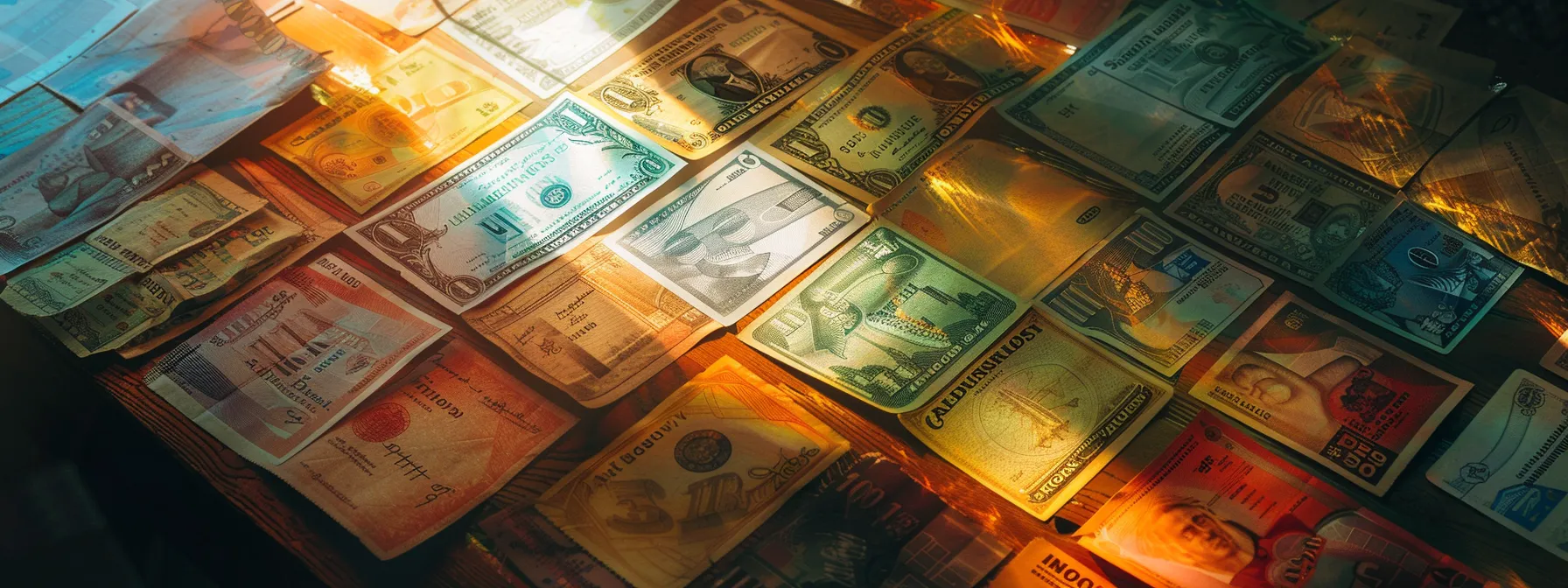 a vibrant still life captures a collection of elegantly arranged business and personal cheques, each showcasing intricate designs and textures against a polished wooden surface, illuminated by soft, natural light to highlight their details.
