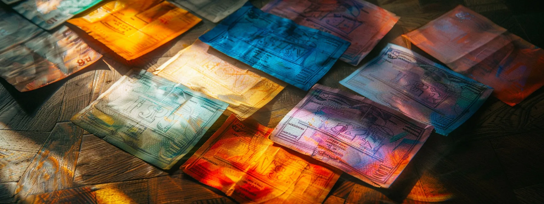 a visually captivating arrangement of colorful business and personal cheques artfully spread across a polished wooden surface, illuminated by soft, warm light that enhances their intricate designs.