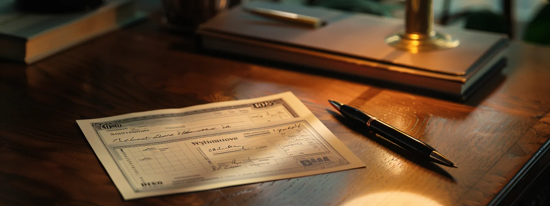 a visually captivating scene showcases an elegantly designed business cheque resting on a polished wooden desk, featuring harmonious colors and clear, concise information that reflects professionalism and trustworthiness.