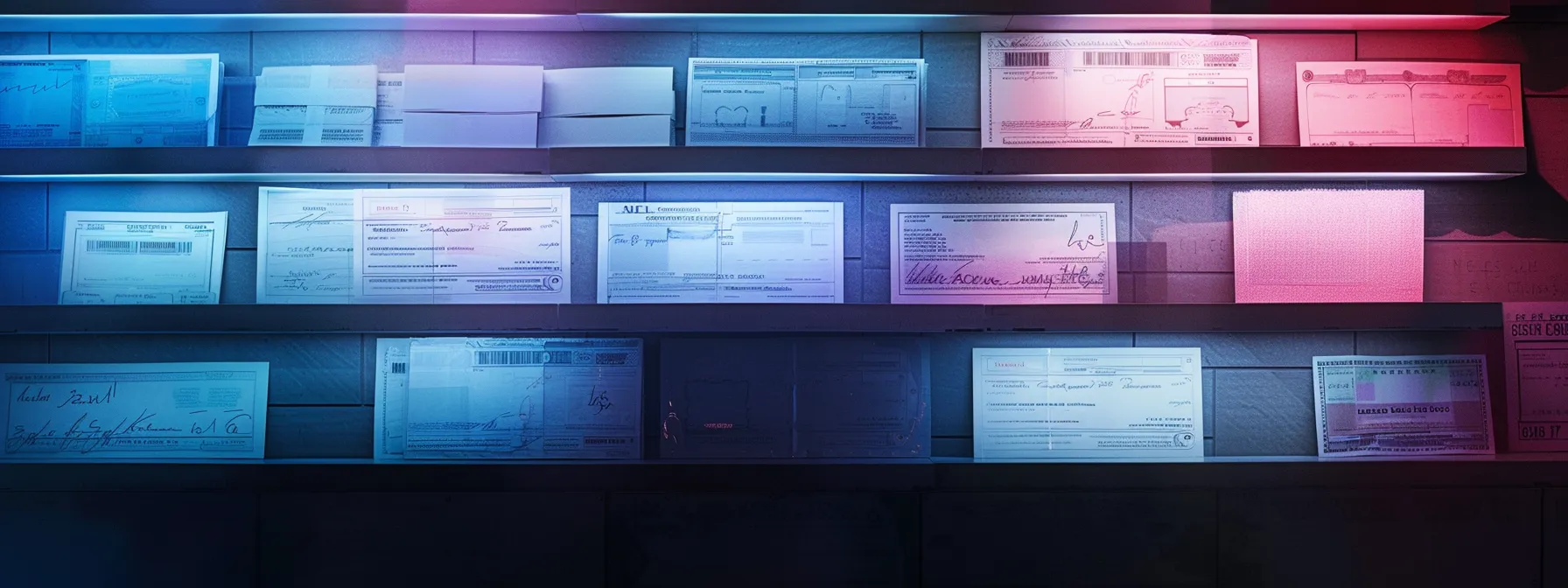 a visually compelling arrangement of various types of cheques, including certified, cashier's, and payroll cheques, showcasing their distinctive features and the sophisticated, magnetic ink character recognition, illuminated by soft, focused lighting to emphasize the theme of secure financial transactions.