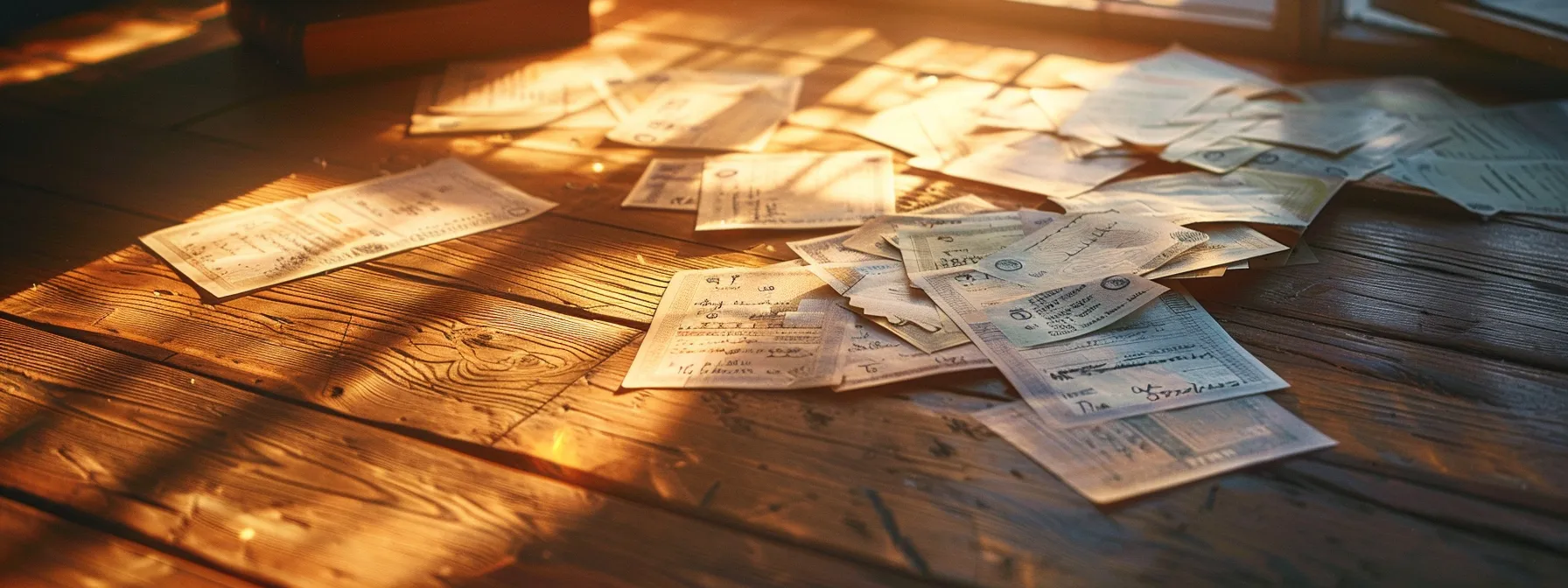 a visually striking arrangement of beautifully designed business and personal cheques laid out on a polished wooden desk, illuminated by soft, warm light that highlights their intricate patterns and textures.
