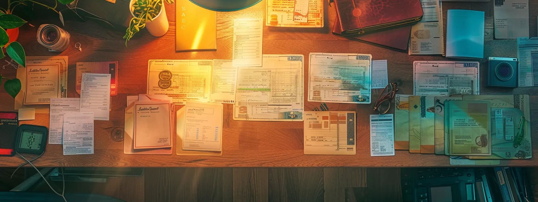 a visually striking arrangement of vibrant business and personal cheques intricately spread across a polished wooden desk, illuminated by soft, diffused natural light, highlighting their distinct designs and textures.