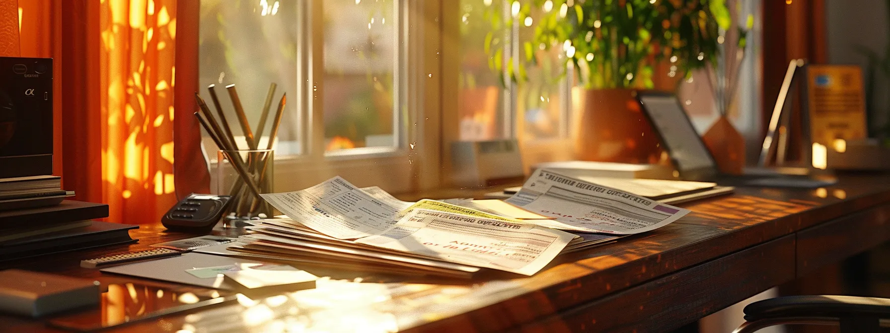 a visually striking arrangement of vibrant business and personal cheques sits atop a sleek wooden desk, illuminated by warm sunlight streaming through a nearby window, emphasizing the intricate designs and textures of each cheque.
