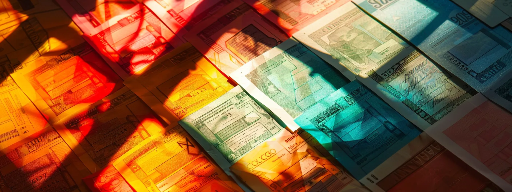 a visually striking arrangement of vibrant business and personal cheques, elegantly stacked and illuminated by soft, diffused lighting to emphasize their intricate designs and textures.