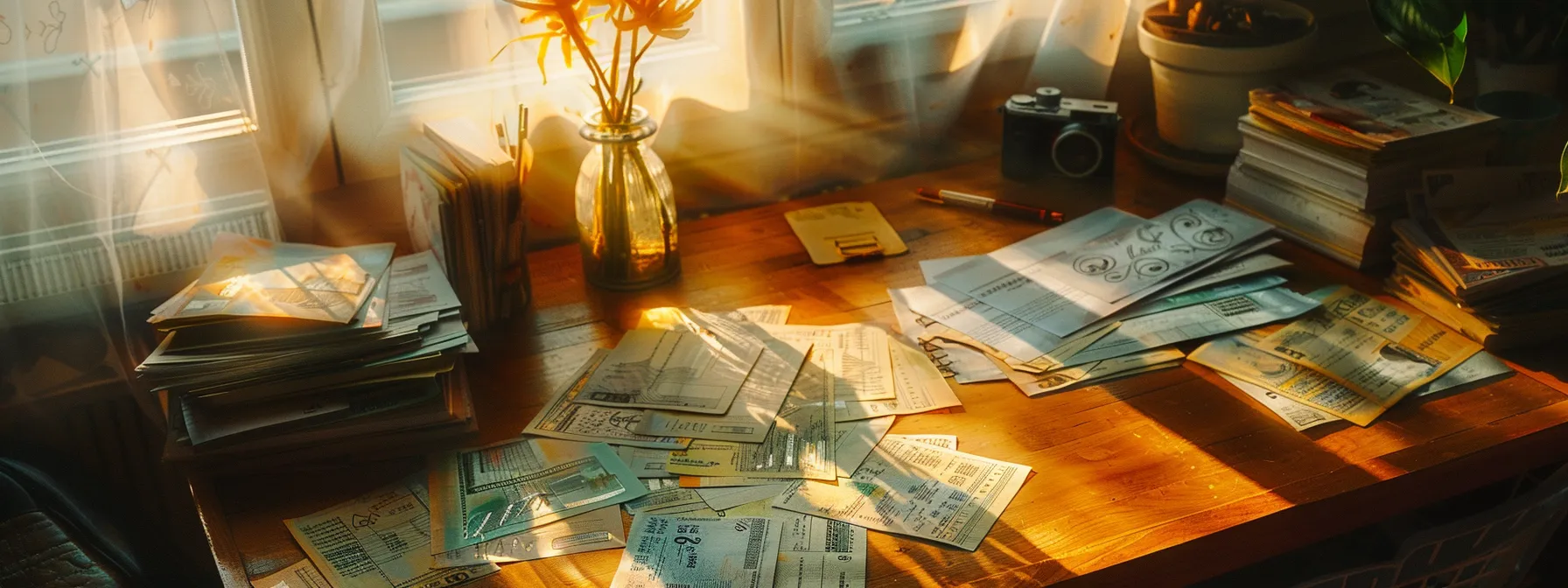 a visually striking arrangement of vibrant business and personal cheques sprawled across a polished wooden desk, illuminated by soft, ambient light that highlights their intricate designs and textures.