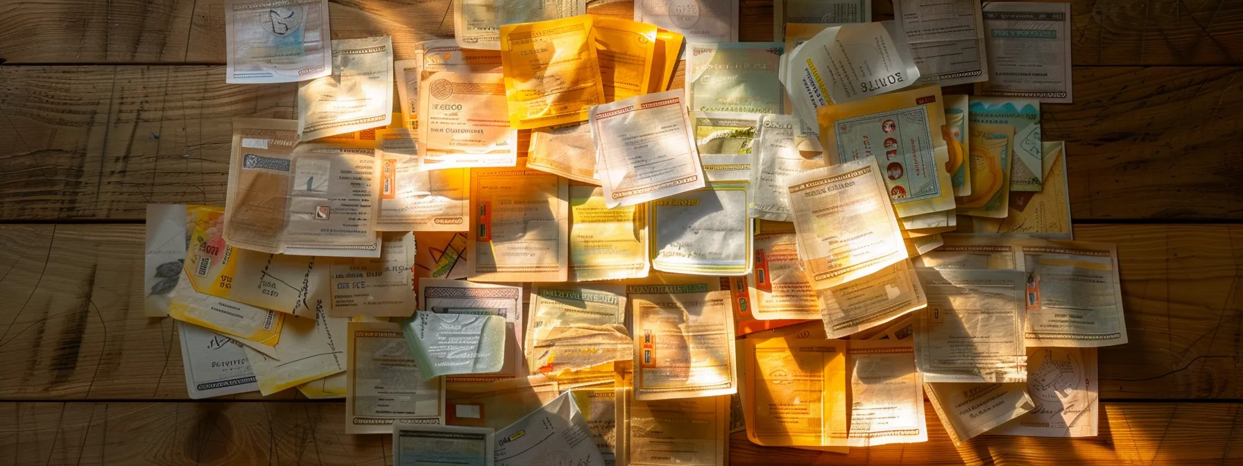 a visually striking arrangement of vibrant business and personal cheques artfully scattered on a polished wooden surface, illuminated by soft, natural light that enhances their intricate designs and textures.