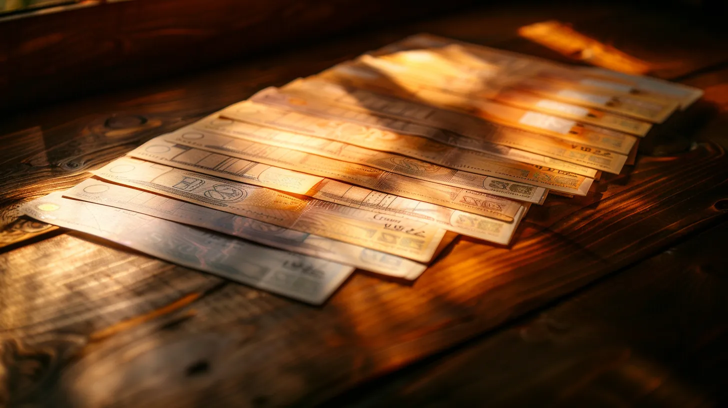 a visually striking arrangement of various types of business and personal cheques elegantly fanned out on a polished wooden surface, illuminated by soft, warm lighting that accentuates their intricate designs and textures.