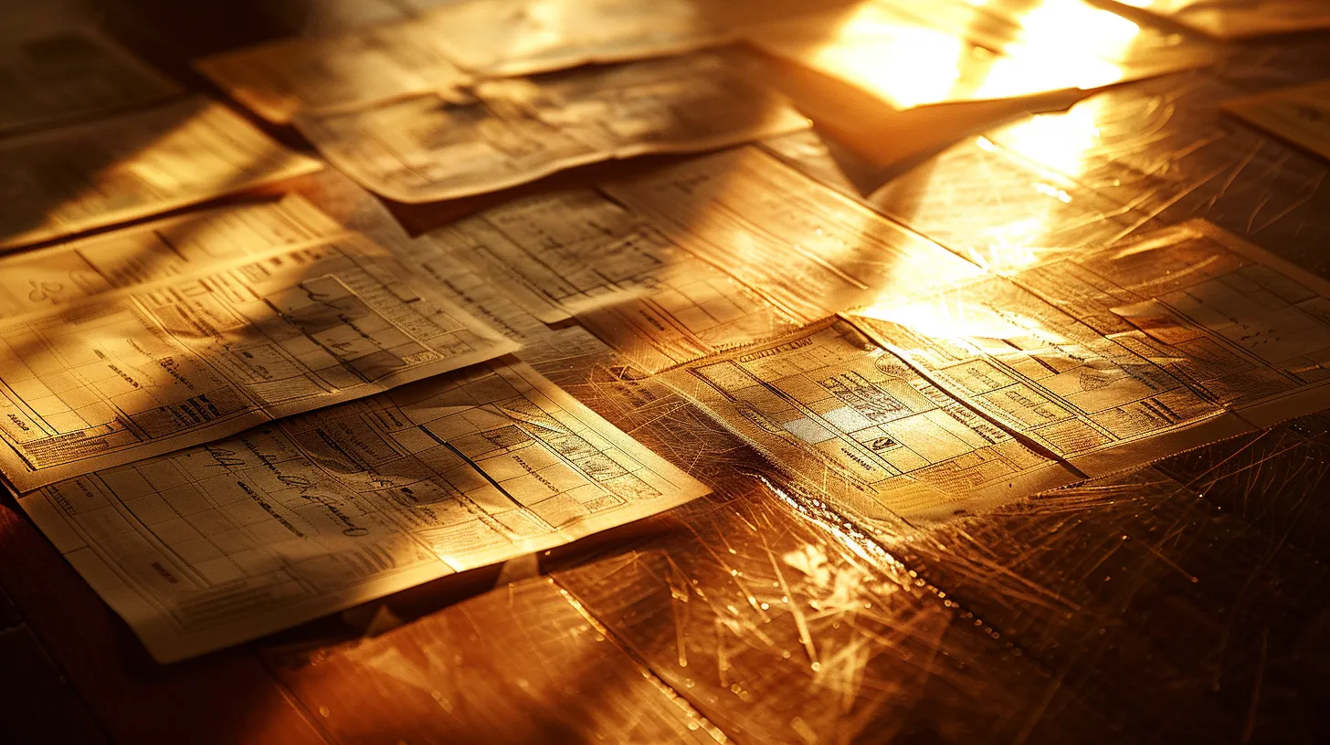 a visually striking arrangement of business and personal cheques, elegantly spread across a polished wooden surface, illuminated by soft, warm lighting that highlights their textured paper and intricate designs.