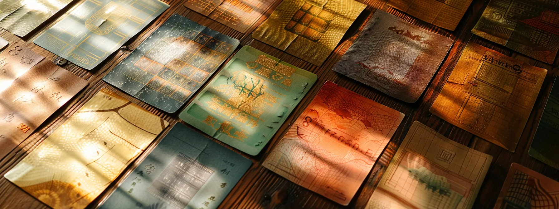 a visually striking composition featuring an array of vibrant business and personal cheques laid out on a polished wooden surface, reflecting soft natural light that enhances their intricate designs and colors.