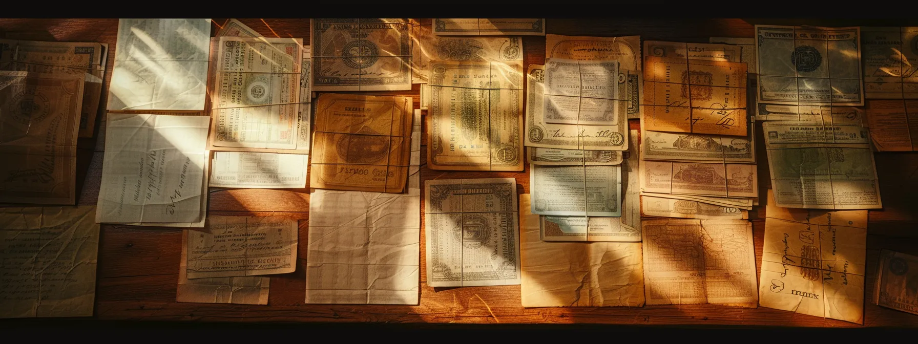 a visually striking composition of various cheques arranged elegantly on a polished wooden desk, illuminated by soft, warm lighting that highlights their intricate designs and textures, conveying themes of finance and personal transactions.
