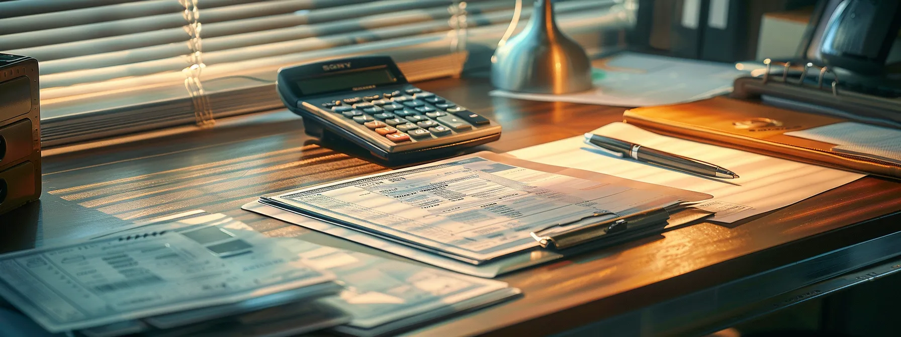 a visually striking composition of a neatly organized desk featuring a stack of commercial cheques, a sleek calculator, and an elegant pen, illuminated by soft natural light, symbolizing the efficiency and security of modern business transactions.