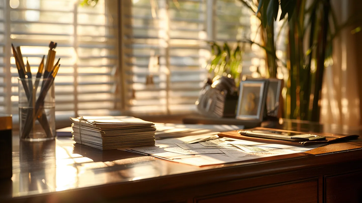 a visually striking composition showcases a stack of elegantly designed business and personal cheques, resting atop a polished wooden desk, illuminated by soft, natural light streaming through a nearby window.