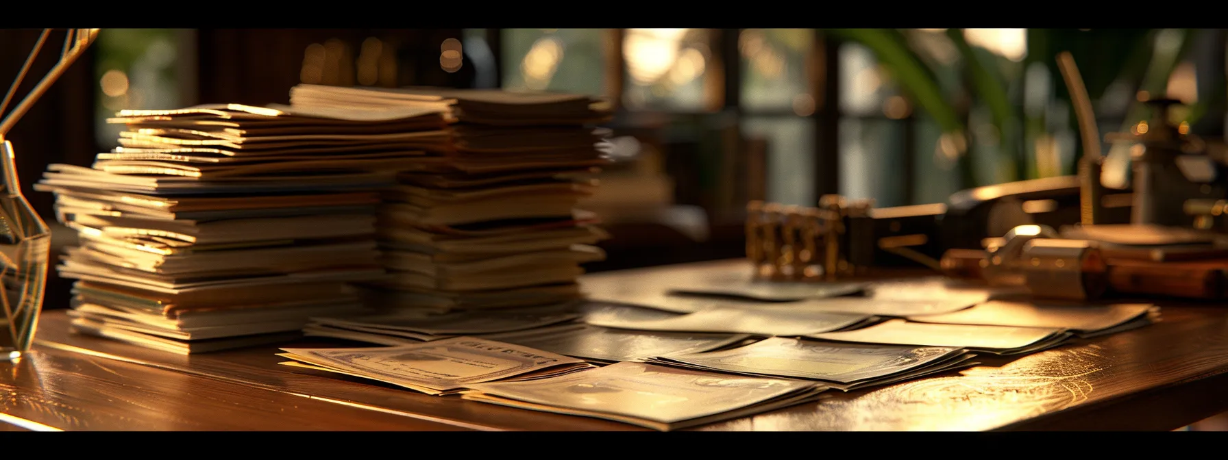 a visually striking scene of neatly stacked business and personal cheques arranged on a sleek, polished wooden desk, illuminated by soft, warm lighting that highlights their intricate designs and textures.