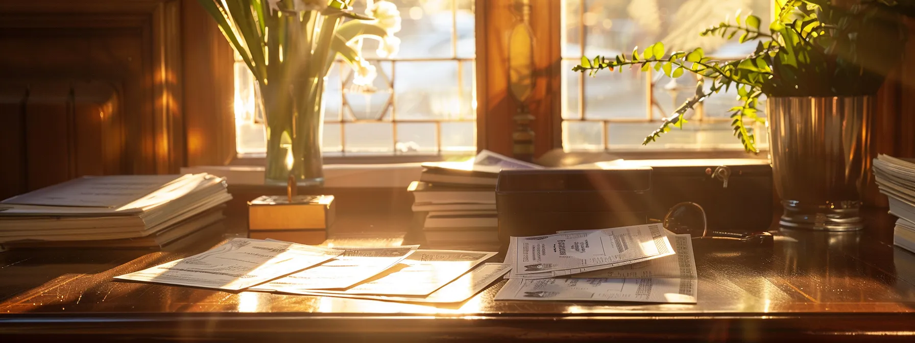 an elegant arrangement of pristine business and personal cheques, artfully displayed on a rich mahogany desk, illuminated by soft, natural light streaming through a nearby window.