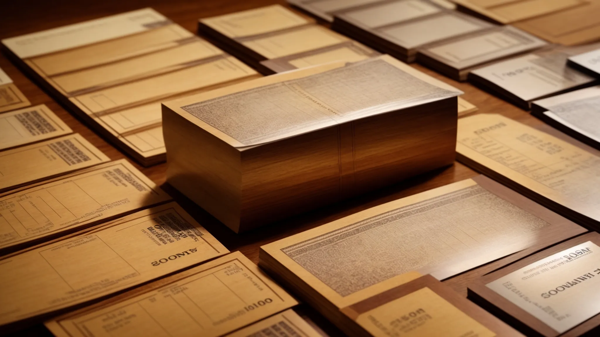 a visually striking arrangement of elegant cheques on a polished wooden surface, showcasing the intricate designs and subtle colors of business and personal cheques, illuminated by soft, warm light that enhances their textures and sophistication.