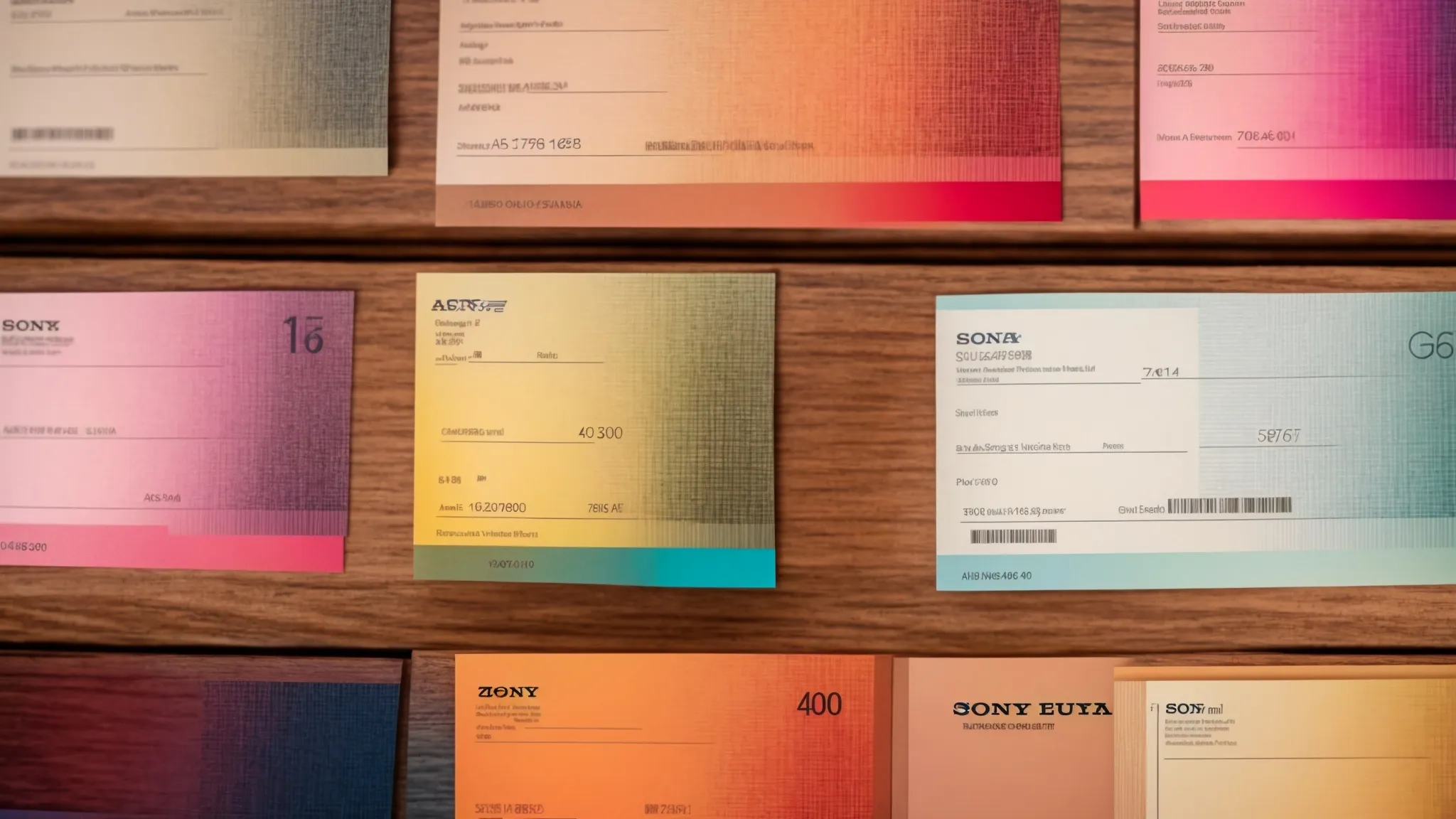 a visually striking scene captures a collection of elegantly designed business cheques displayed on a polished wooden desk, highlighting their vibrant colors and intricate patterns under soft, diffused lighting, emphasizing professional customization and brand identity.