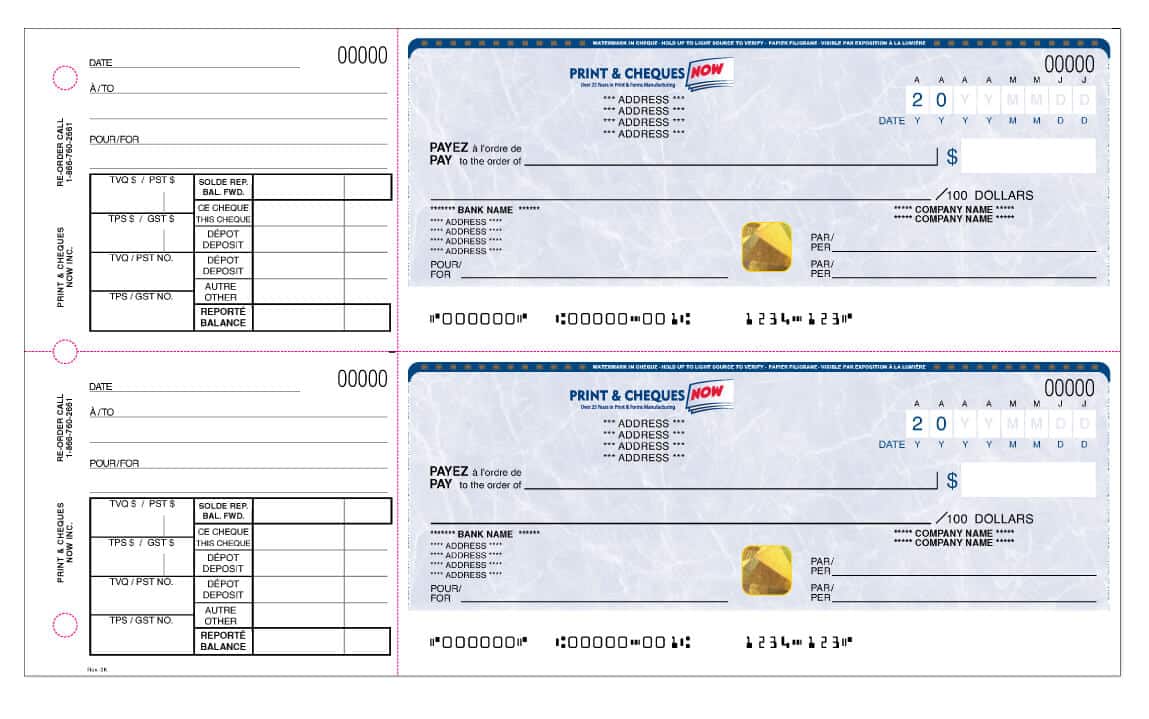 Two-per-page manual business cheques — carbonless duplicate format