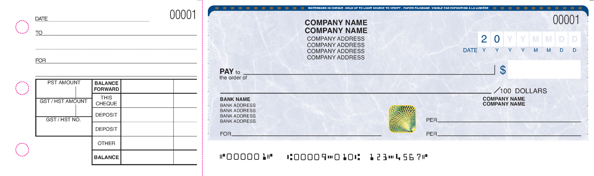Manual business cheque book — dark blue with gold hologram foil and heat-sensitive ink