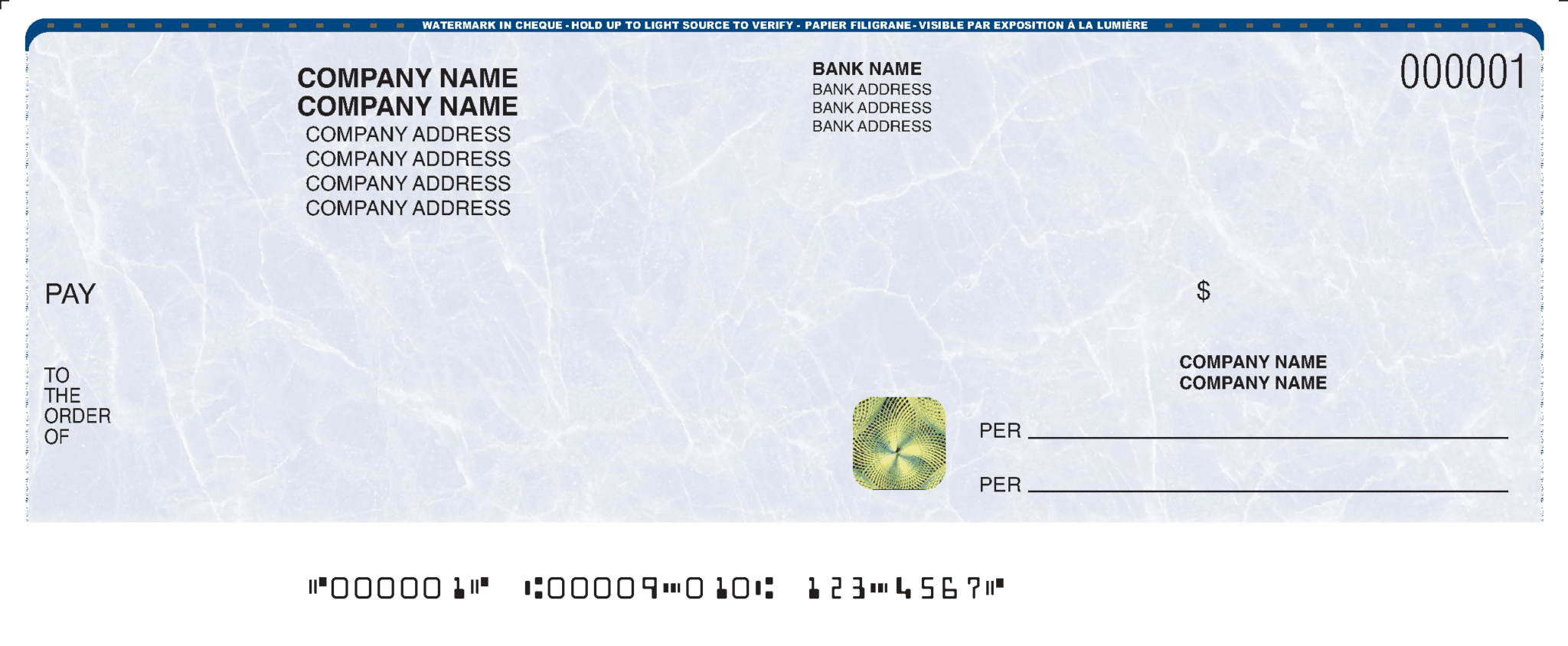 Laser computer cheque — dark blue top stub, compatible with QuickBooks, Sage 50, and Xero