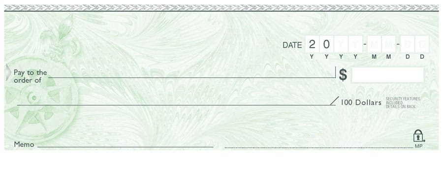 Green personal cheque design — CPA 2006 compliant, Print and Cheques Now